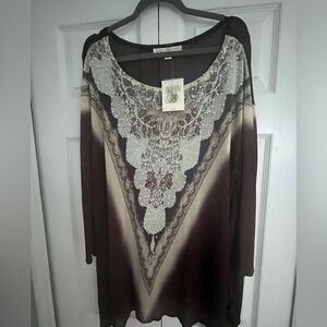 Boston Proper Brown and Cream Lace Accent Blouse